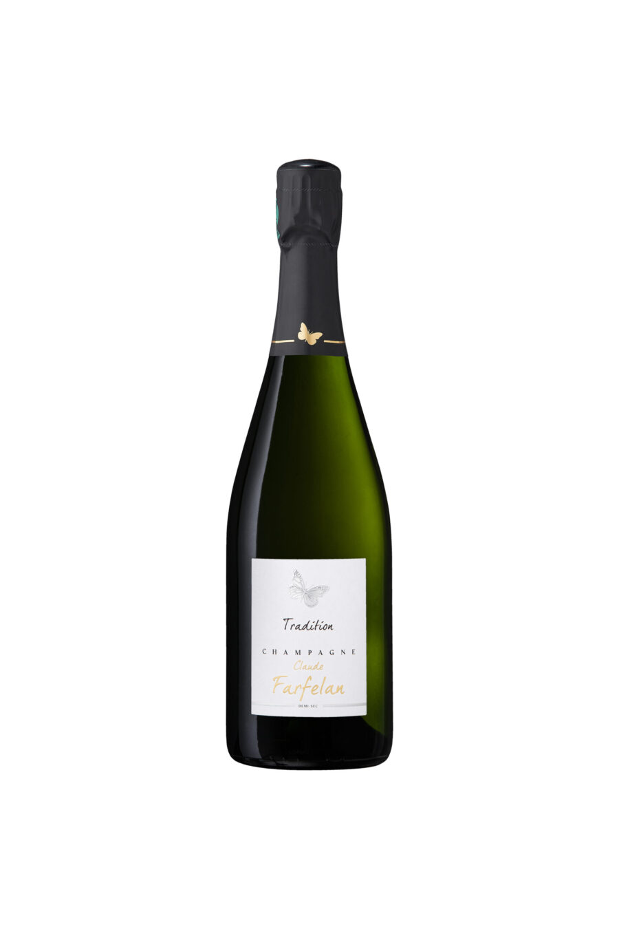 Bouteille de champagne, étiquette "Tradition", motif papillon, capsule sombre avec papillon doré.