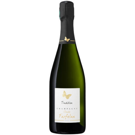Bouteille de champagne "Tradition Claude Farfelan Brut" avec étiquette papillon doré.