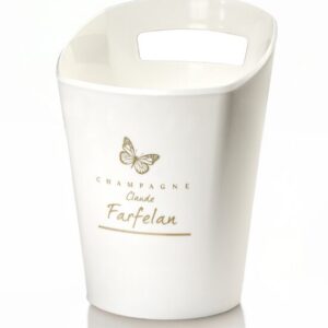 Seau à champagne blanc avec logo papillon et texte "Champagne Claude Farfelan".