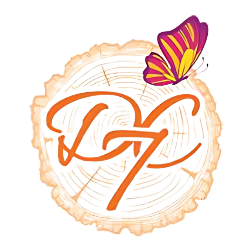 Illustration d'une section de tronc avec "DH" orange et papillon violet-jaune dessus.